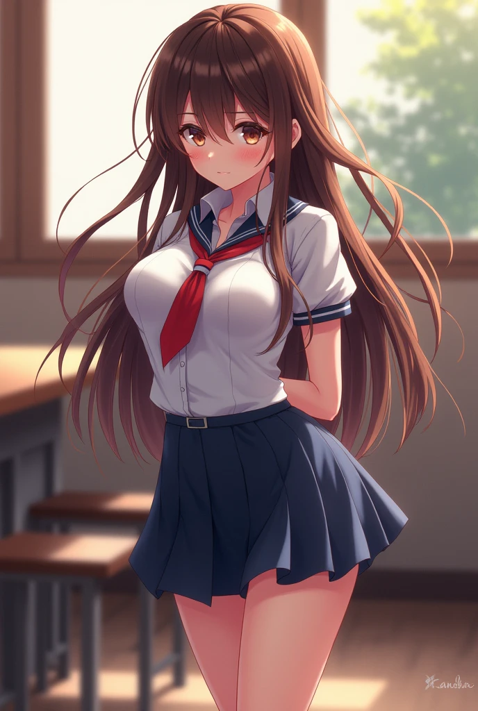 Create an image of a very beautiful anime girl with a short skirt and full breasts. , in school uniform and their hair covering both eyes about to kiss ,towards the camera