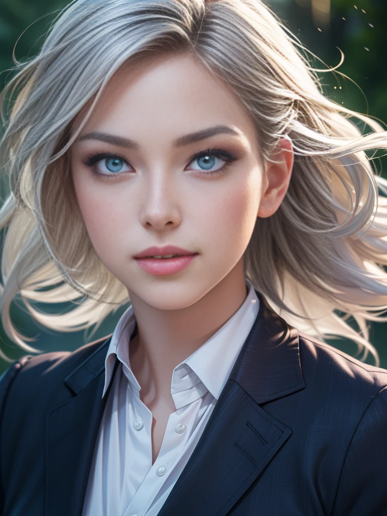 (Best quality,ultra detailed,photorealistic:1.37),Bright and rich colors, studio lighting, playful facial expression, stylish makeup ,( Business jacket ) ,silver hair blowing in the wind, inviting eyes, glossy lips, sexy pose, ,posing for a professional photo shoot ,shallow depth of field, highlighting the main subject, soft natural light ,Creating a dreamy and magical atmosphere. ((Very )),weak unhealthy ,(((Very тонкий))) excited