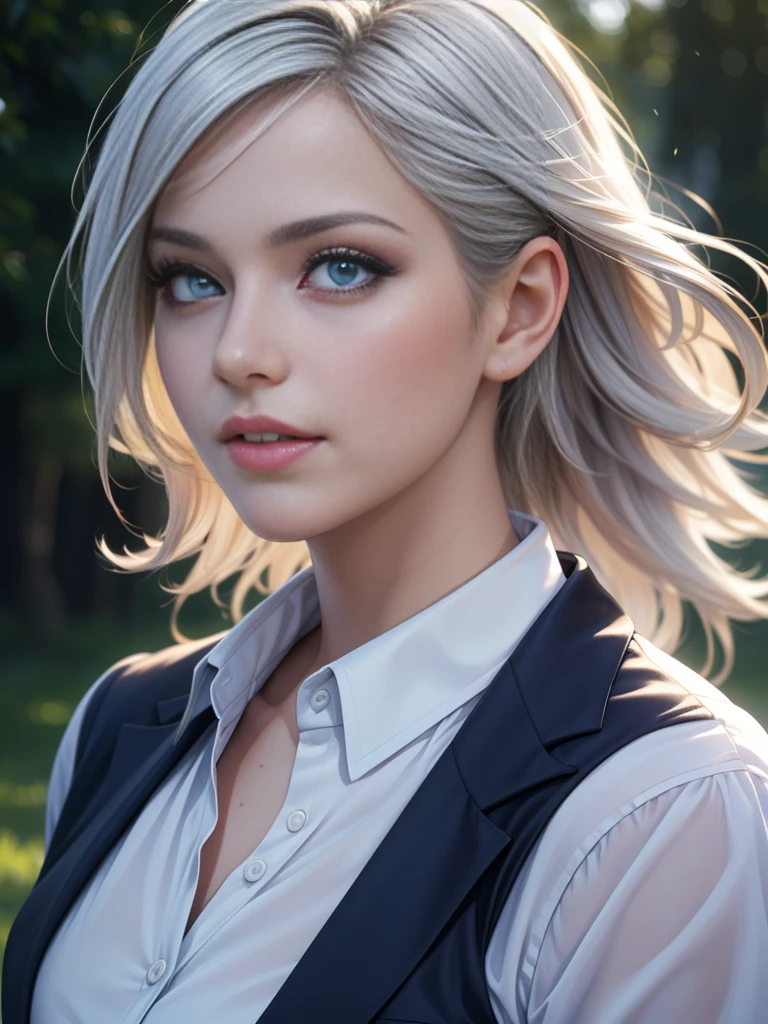 (Best quality,ultra detailed,photorealistic:1.37),Bright and rich colors, studio lighting, playful facial expression, stylish makeup ,( Business jacket ) ,silver hair blowing in the wind, inviting eyes, glossy lips, sexy pose, ,posing for a professional photo shoot ,shallow depth of field, highlighting the main subject, soft natural light ,Creating a dreamy and magical atmosphere. ((Very )),weak unhealthy ,(((Very тонкий))) excited