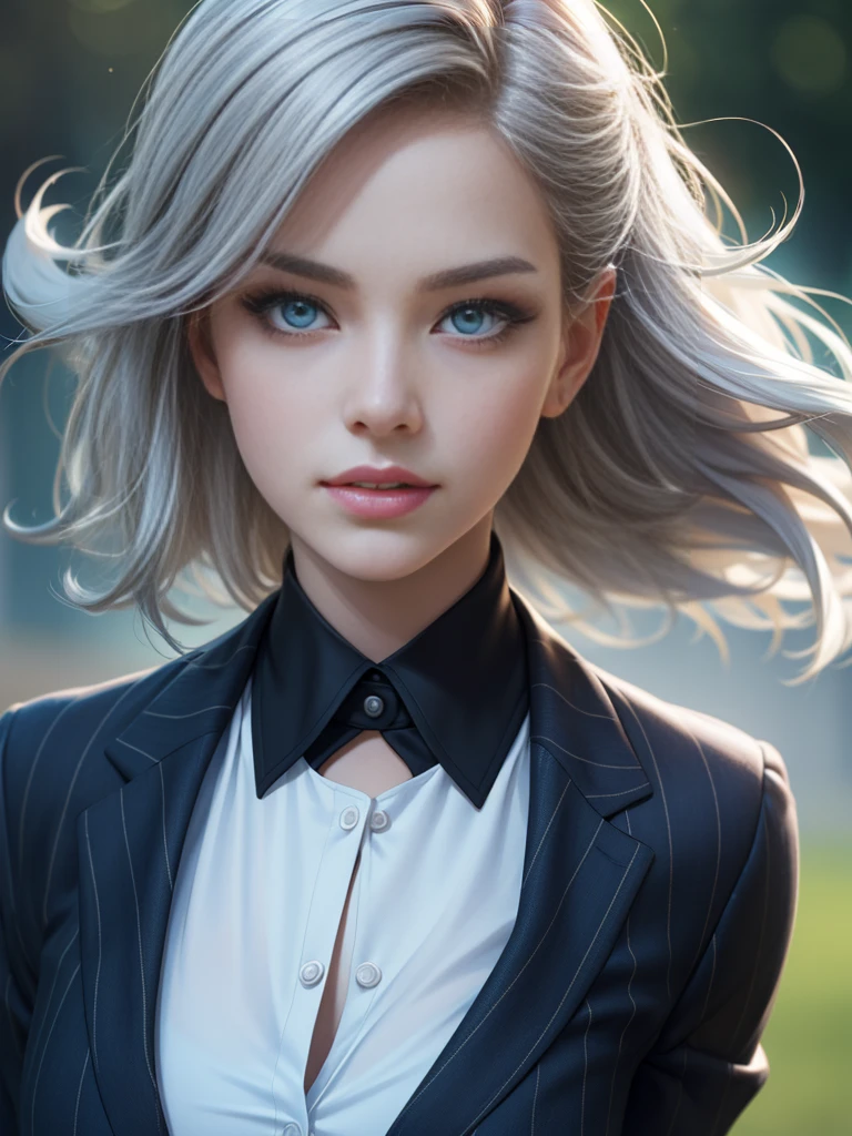 (Best quality,ultra detailed,photorealistic:1.37),Bright and rich colors, studio lighting, playful facial expression, stylish makeup ,( Business jacket ) ,silver hair blowing in the wind, inviting eyes, glossy lips, sexy pose, ,posing for a professional photo shoot ,shallow depth of field, highlighting the main subject, soft natural light ,Creating a dreamy and magical atmosphere. ((Very )),weak unhealthy ,(((Very тонкий))) excited