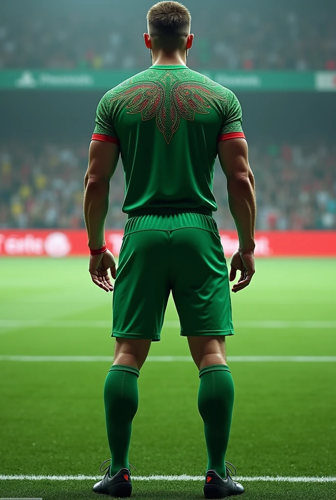 a green football jersey with some ruby-like details