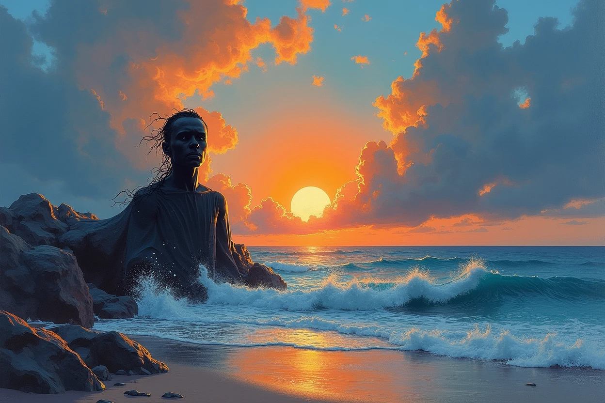 a sunset over the ocean with rocks and a beach, abstract painting, inkpunk, broad brush stroke, smeared patterns, vibrant colors, random dripping paint, splashes, graphic portrait, best quality, 8k, highres, masterpiece, ultra-detailed, realistic, photo-realistic, HDR, UHD, studio lighting, ultra-fine painting, sharp focus, physically-based rendering, extreme detail description, professional, vivid colors, bokeh