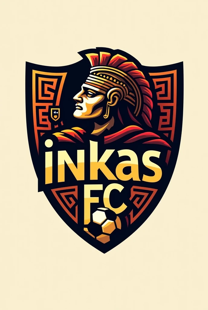 Design a professional logo for the football club 'Inkas FC'. The logo should have a modern and bold design with elements inspired by Inca culture. Use a strong color palette that includes gold, red and black. The central focus should be an abstract Inca helmet or mask, Symbolizing strength and heritage. Incorporate subtle Andean patterns around the edges or in the background, and add a football to the design. The text 'Inkas FC' should be highlighted with a clean and strong typography that complements the overall aesthetic.