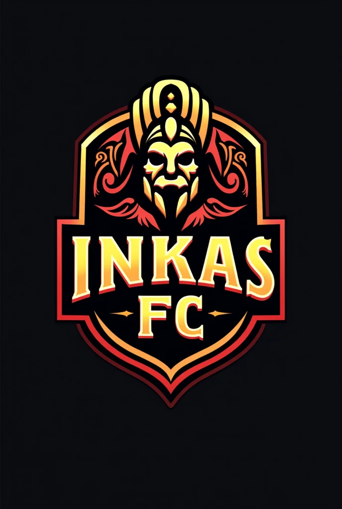 Design a professional logo for the football club 'Inkas FC'. The logo should have a modern and bold design with elements inspired by Inca culture. Use a strong color palette that includes gold, red and black. The central focus should be an abstract Inca helmet or mask, Symbolizing strength and heritage. Incorporate subtle Andean patterns around the edges or in the background, and add a football to the design. The text 'Inkas FC' should be highlighted with a clean and strong typography that complements the overall aesthetic.