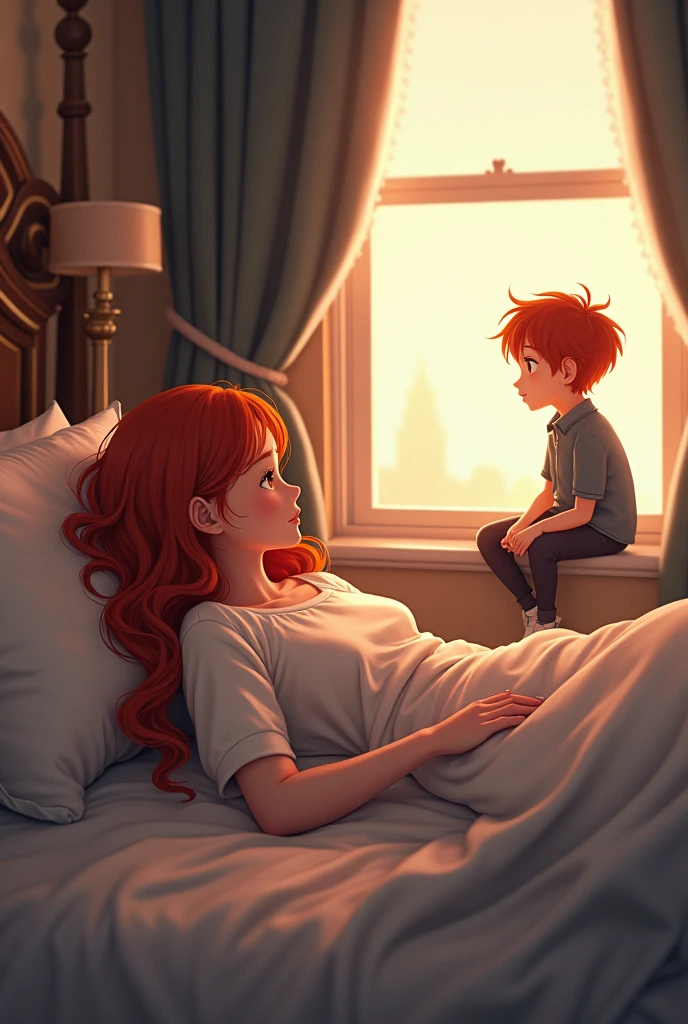 A redhead girl, lying on a bed in a very nice room, looking towards the window, where a boy is found lying on the window