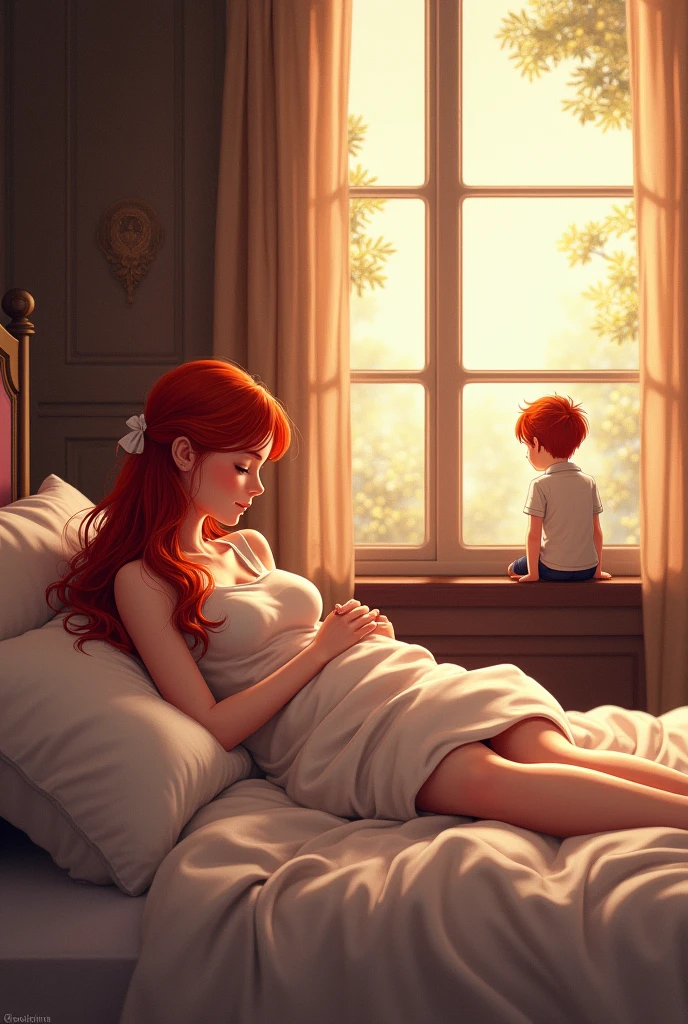 A redhead girl, lying on a bed in a very nice room, looking towards the window, where a boy is found lying on the window