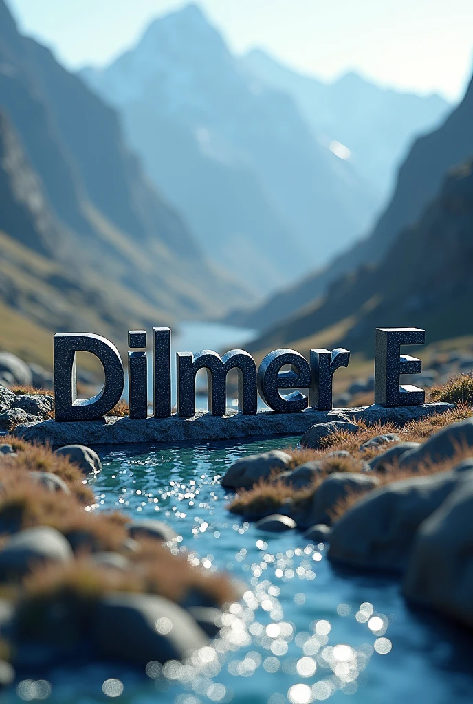 The word "Dilmer E" 3D embossed with a mountain range and a glittering river in the background