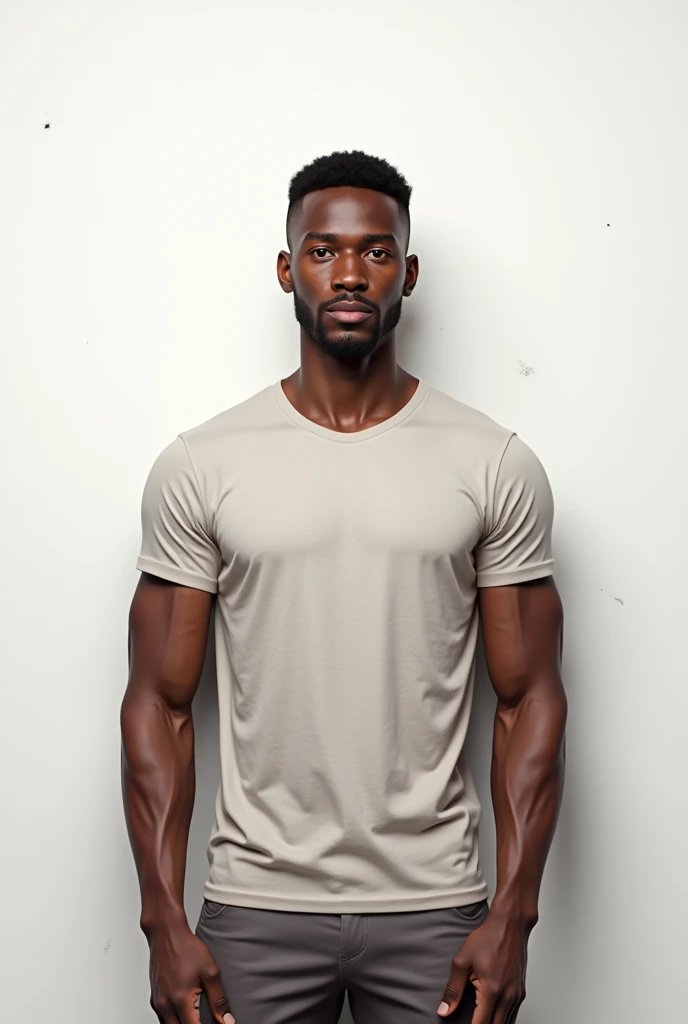 Full body picture of A 25 years old ethiopian brown skinned lean boy, wearing shirt standing in-front of a white wall that have a small stain near his head show his fully body from head to toe, make it realistic