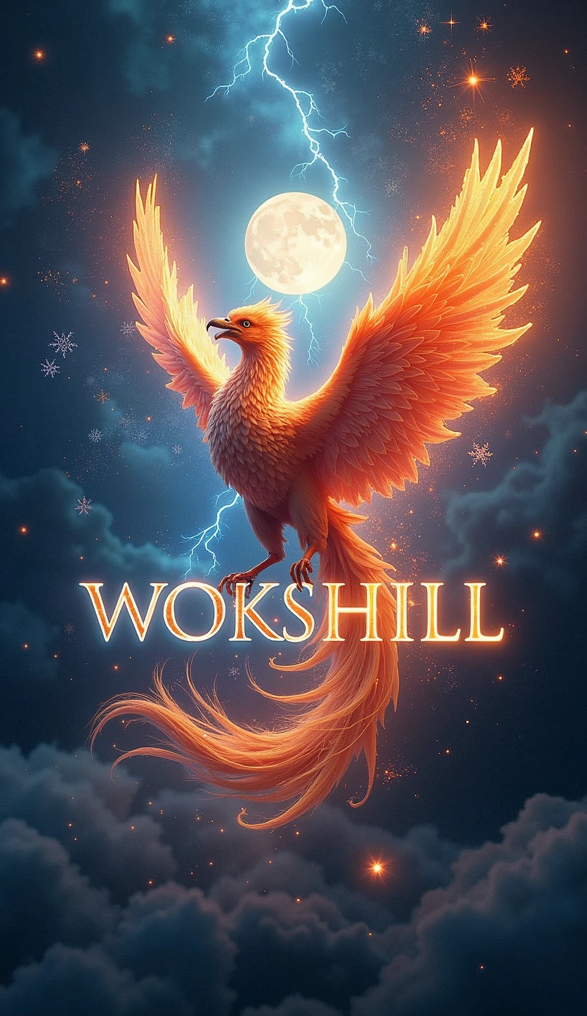 fantasy Logo title word "WOKSHILL", blast, thunder, universe, galaxy, phoenix, realistic, 8k ultra HD, falling stars, moon, sun, crystal clear, 3D, mythology, Sci-Fi, Snow, Storm, Fire, Wintet, Summer, globe