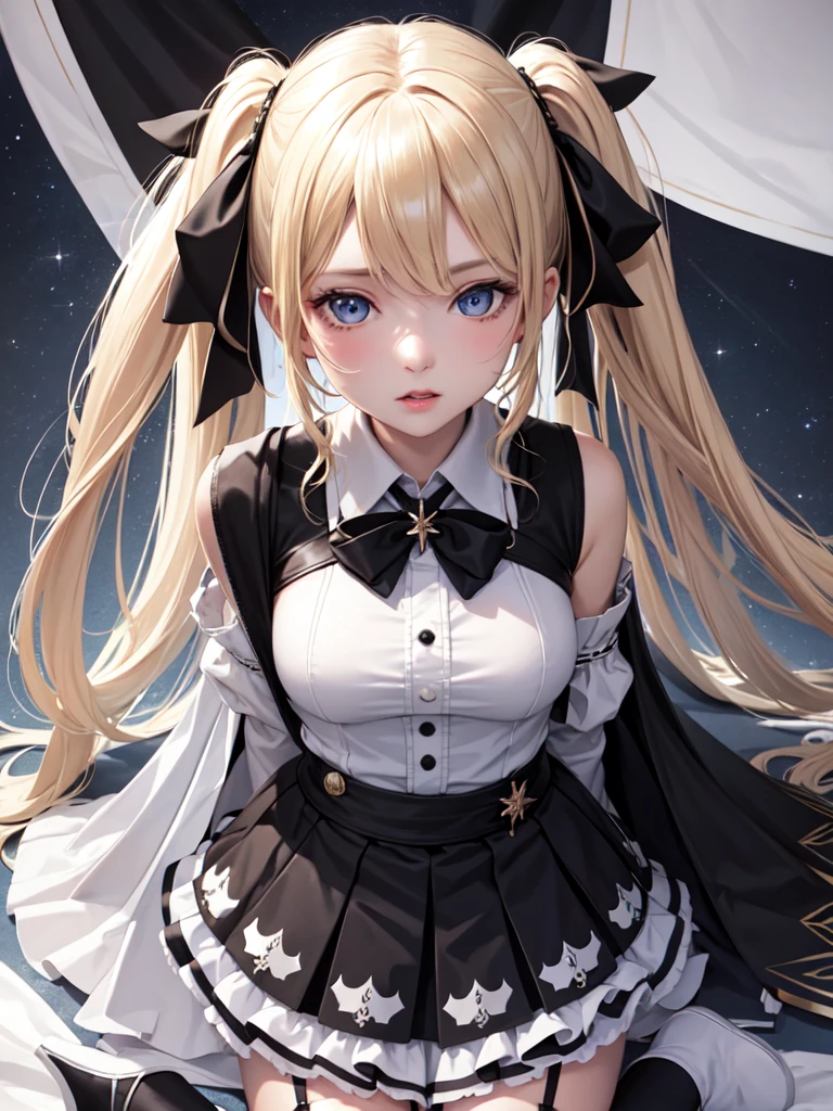 cherry blossoms, cloud, full moon, looking at viewer, moon, moonlight, night, night sky, outdoors, petals, blue moon, rose petals, sky, star sky, starry sky, suillustration, floating hair, chromatic aberration, caustics, lens flare, dynamic angle, portrait, 1girl, solo, cute face, hidden hands, asymmetrical bangs, beautiful detailed eyes, eye shadow, huge clocks, glass strips, floating glass fragments, colorful refraction, beautiful detailed sky, dark intense shadows, cinematic lighting, overexposure, expressionless, blank stare, big top sleeves, frills, hair ornament, ribbon, bowtie, buttons, small breasts, pleated skirt, sharp focus, masterpiece, best quality, extremely detailed, colorful, hdr,bow,collarbone,collared shirt,capelet,skirt,zettai ryouiki,blonde hair,long hair,hair between eyes,hair ribbon,1girl,solo,medium breasts,motion lines,