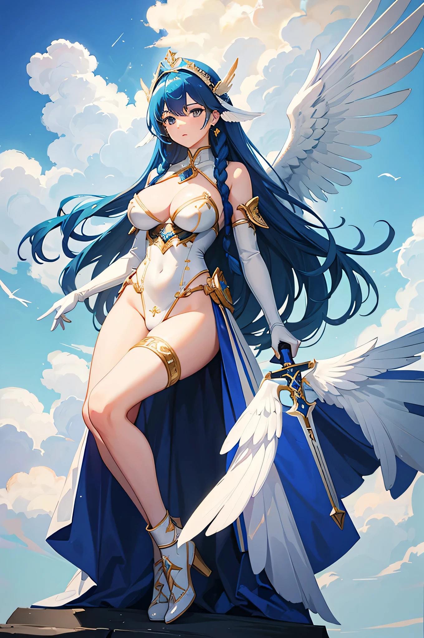 4K,High resolution,One Woman,Blue Hair,long hair,Braid,Big Breasts,Valkyrie,White sacred high leg leotard armor,White gloves,White shoes,Winged headgear,Jewelry decoration,Gold decoration,Holy Sword,Temple in the Sky