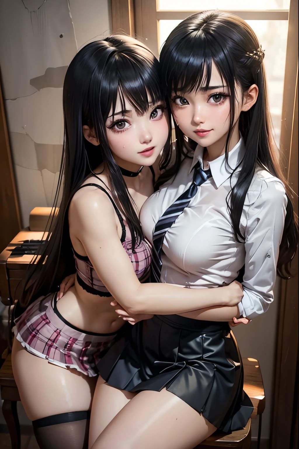 high school girlブレザー、high school girl、Red checked skirt、JK Style、Jacket、smile、garter、Knee socks、Panty stocking、Otherworldly beauty、Extraordinarily cute、boredom、unusual beauty、Dark black eyeshadow、sorrow、Good skin glow、Long Hair Straight Hair、Dark Gothic Makeup、暗いsmile、Beautiful woman、Stained Glass Background、On the table、Best Quality、5 reference books、Sweat glistens on my chest、Sweat glistens on my face、Thigh sweat、sweating、Black frill East size Regular size、Dark pink hair、Age 22 years old、Sweat sticks to my thighs、I sweat a lot and get sticky。、My thighs are sticky and shiny、Sweating on thighs and chest、Small breasts、Slightly slim、I sweat all over my body、play the piano、Sit down and play an instrument、legs are thin、Two people、Lesbian couple、Hugging a girl、My female friend has a super cute face、My female friend has a very beautiful face、Do lesbian play、Super smooth straight hair、