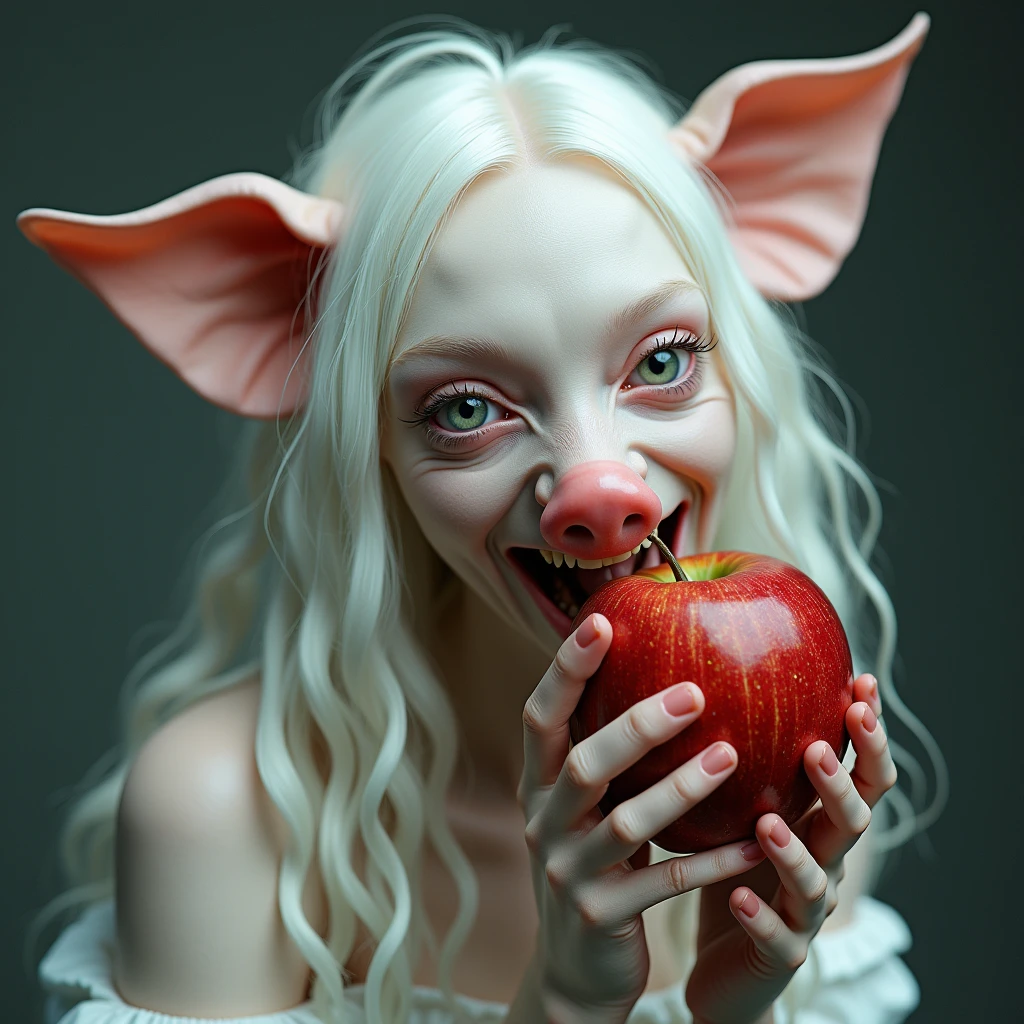 albino woman with white hair, pig ears and pig nose, eating rotting apple, digital art inspired by hedi xandt, trending on cgsociety, pop surrealism, pop surrealism art style, surreal avant-garde style, hyperrealistic fantasy art, jean-sebastien rossbach, anna nikonova aka newmilky, photography alexey gurylev, hyper realistic fantasy monster, best quality, 4k, 8k, highres, masterpiece:1.2, ultra-detailed, realistic, photorealistic, photo-realistic:1.37, HDR, UHD, studio lighting, ultra-fine painting, sharp focus, physically-based rendering, extreme detail description, professional, vivid colors, bokeh