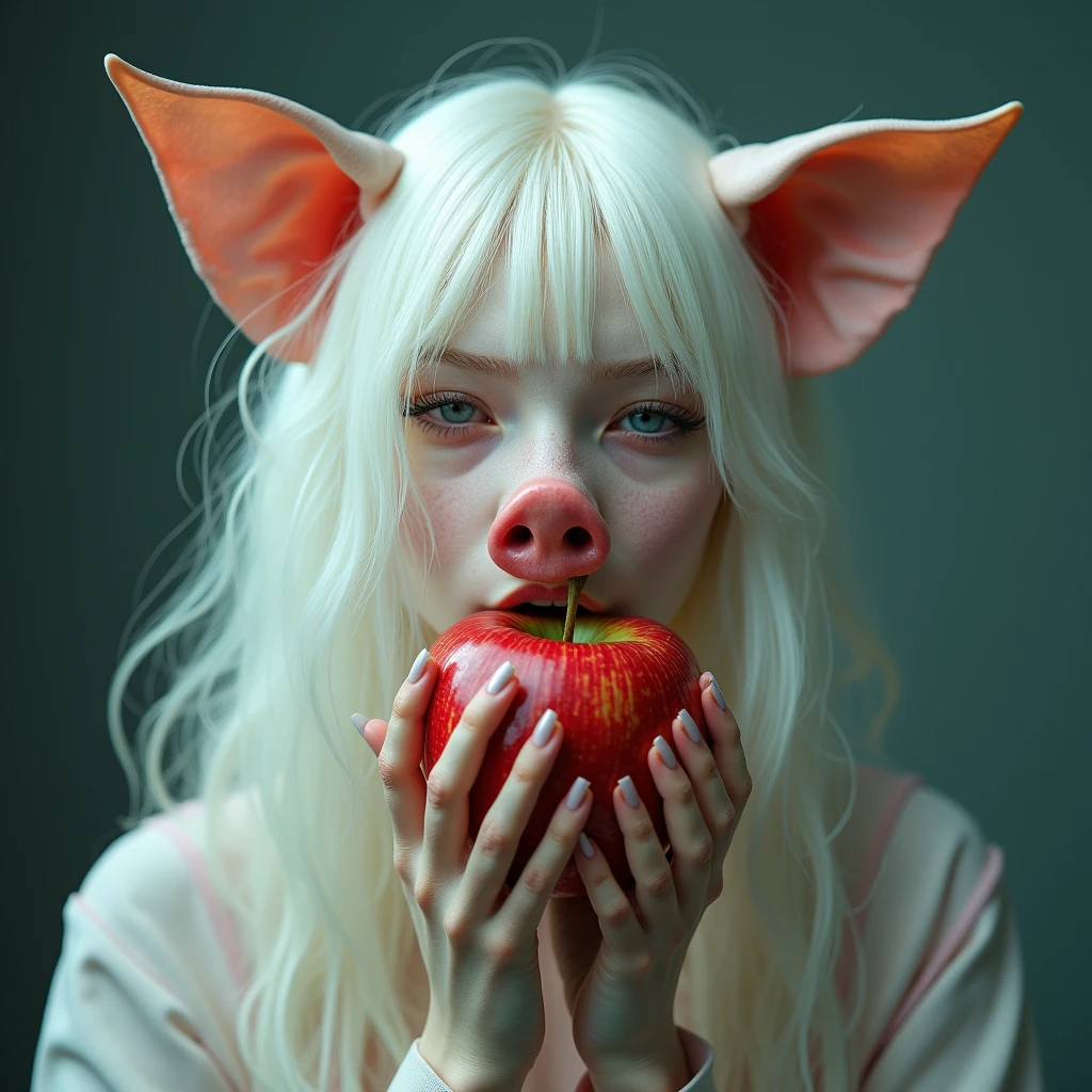albino woman with white hair, pig ears and pig nose, eating rotting apple, digital art inspired by hedi xandt, trending on cgsociety, pop surrealism, pop surrealism art style, surreal avant-garde style, hyperrealistic fantasy art, jean-sebastien rossbach, anna nikonova aka newmilky, photography alexey gurylev, hyper realistic fantasy monster, best quality, 4k, 8k, highres, masterpiece:1.2, ultra-detailed, realistic, photorealistic, photo-realistic:1.37, HDR, UHD, studio lighting, ultra-fine painting, sharp focus, physically-based rendering, extreme detail description, professional, vivid colors, bokeh