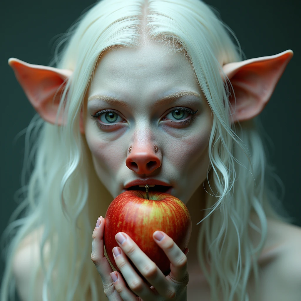 albino woman with white hair, pig ears and pig nose, eating rotting apple, digital art inspired by hedi xandt, trending on cgsociety, pop surrealism, pop surrealism art style, surreal avant-garde style, hyperrealistic fantasy art, jean-sebastien rossbach, anna nikonova aka newmilky, photography alexey gurylev, hyper realistic fantasy monster, best quality, 4k, 8k, highres, masterpiece:1.2, ultra-detailed, realistic, photorealistic, photo-realistic:1.37, HDR, UHD, studio lighting, ultra-fine painting, sharp focus, physically-based rendering, extreme detail description, professional, vivid colors, bokeh