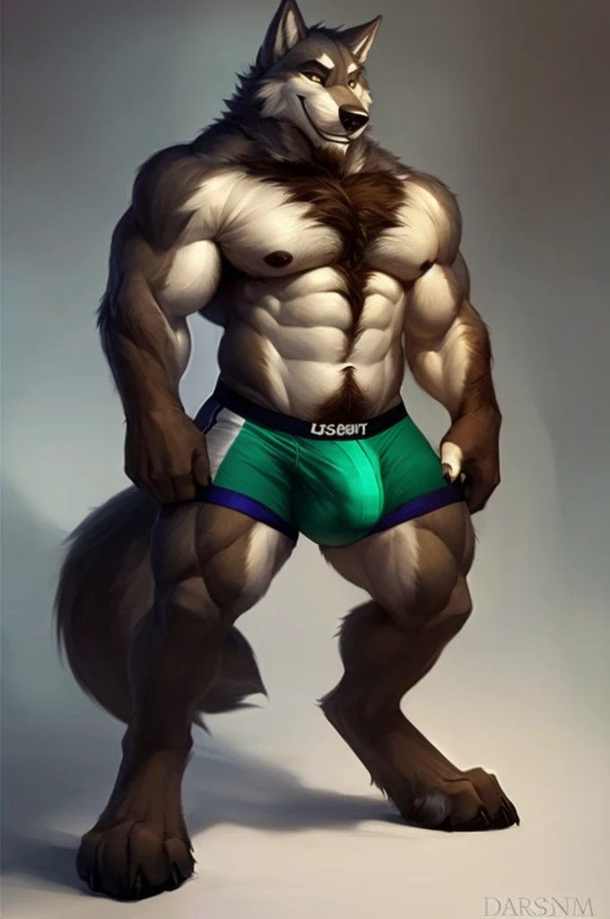 4k, high resolution, best quality, perfect lighting, solo, anthro, wolf, furry body, hairy body, male, adult, (bulky, thick muscles:1.25), (biceps, huge pecs, broad shoulders:1.1), (thick legs, thick calves:1.1), (digitigrade legs, 4 toes:1.2), (big bulge), boxer briefs, perfect colors, (photorealistic fur, detailed fur, epic, masterpiece), (suggestive posing:1.2), (seductive smile, lustful grin 1.3), chest hair, navel hair, facial hair, detailed wolf eyes, detailed wolf face, by k0suna, by darkgem