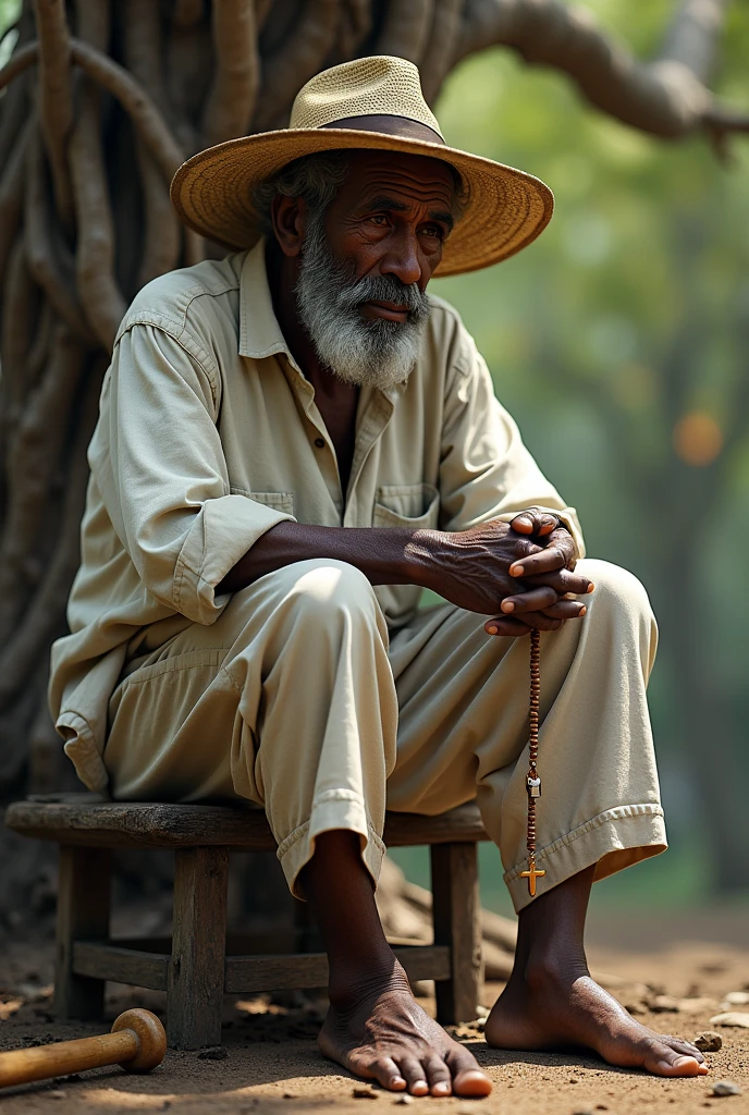 Old black man with a straw hat covering his eyes White pants and shirt Wooden rosary with crucifix in hand With a small wooden cane fallen to the ground Sitting on a small wooden stool Near a tree Barefoot