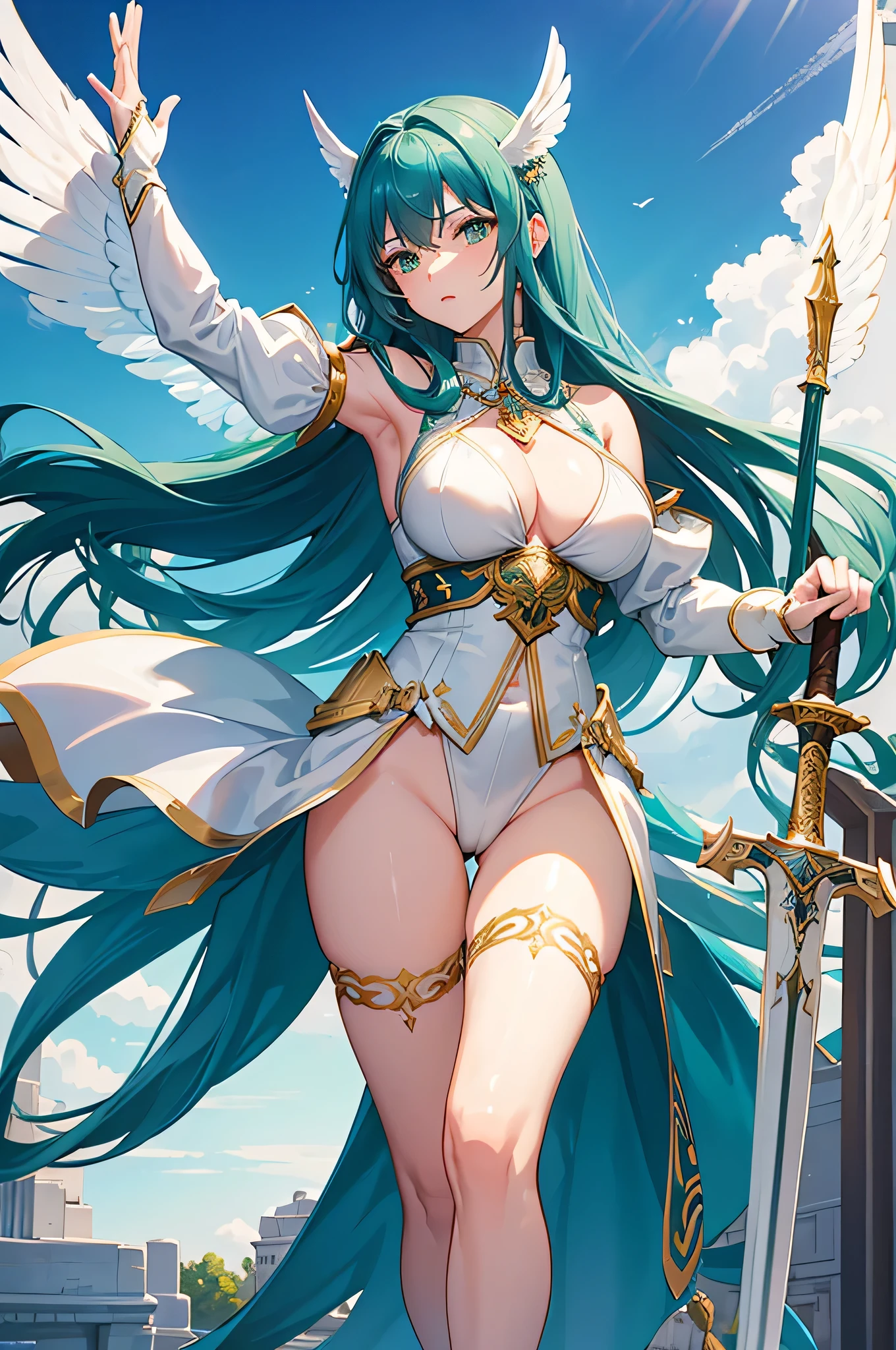 4K,High resolution,One Woman,Blue Hair,long hair,Braid,Green Eyes,Big Breasts,Valkyrie,White sacred high leg leotard armor,White gloves,White shoes,Winged headgear,Jewelry decoration,Gold decoration,Holy Sword,Temple in the Sky