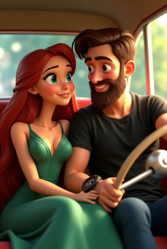 Disney 3D couple in a car, the man is holding the steering wheel. The woman has long red thick hair, green eyes, and she's wearing a thick green long dress with white sandals. The man has brown hair, brown eyes, and a thick brown beard. He's wearing a black watch and a black T-shirt.
