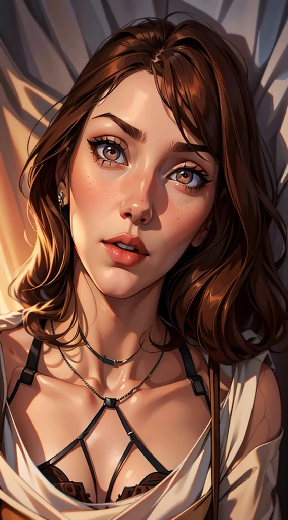 best quality, Artwork, (realisitic: 1.2), 1 girl, Slender girl, russet hair, eyes browns, 正面, face detailed, gorgeous eyes, eyes browns, eyes large, breasts small, necklase, long cloak