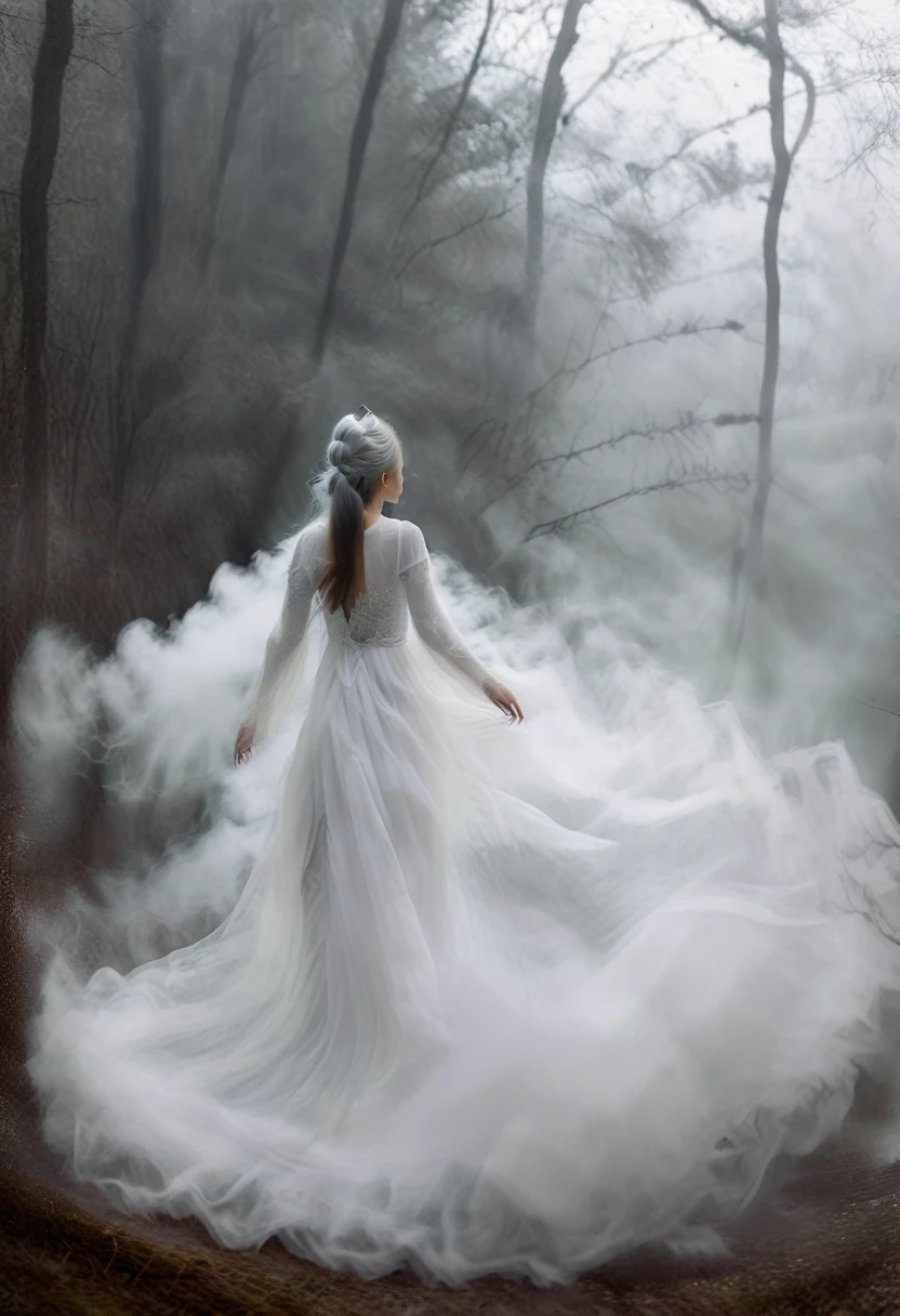 dress made of fog:1.2, msfg, fog, walkwoman:1.2, in the woods, fog background, high detailed, high quality, masterpiece, depth of field, full body shot, high resolution, 32k, dramatically over flown long and flowing white fog dress, silver long straight fog hair