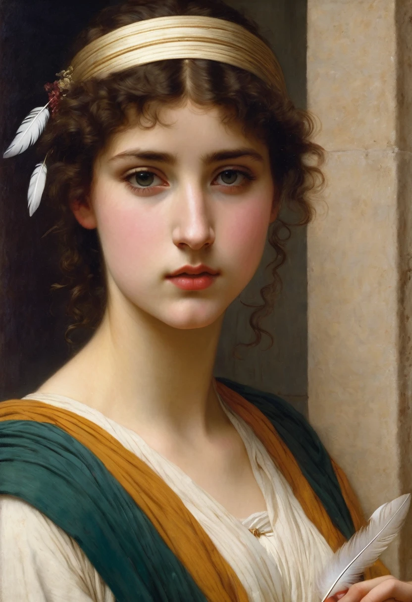 Classical art portrait of a seductive teenager with a quill, (Academic Art:1.4), eugene de bladder, Juan Guillermo Godward, Bouguereau