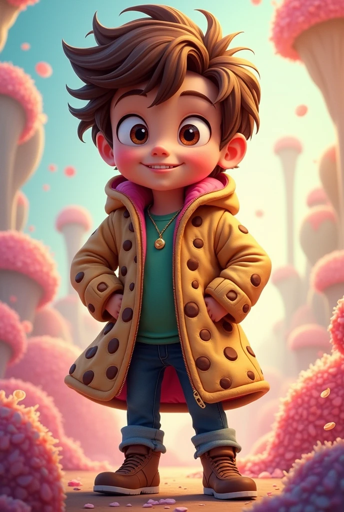 Brown-haired boy with a coat like a cartoon cookie