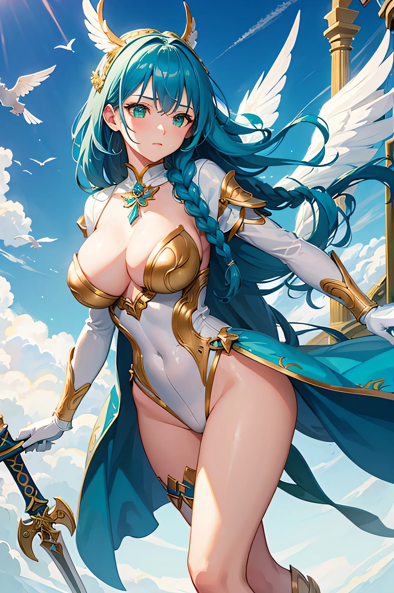 4K,High resolution,One Woman,Blue Hair,long hair,Braid,Green Eyes,Big Breasts,Valkyrie,White sacred high leg leotard armor,White gloves,White shoes,Winged headgear,Jewelry decoration,Gold decoration,Holy Sword,Temple in the Sky