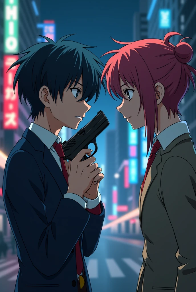 Two guys in anime style, one pointing a gun at the other.