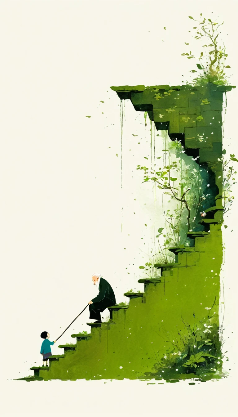 中国水墨画sketch：Light Ink，Lowercase，sketch，artistic conception，Old man on mossy steps，Child under the stairs。Minimalism，(((Negative Space,Bottom left composition)))