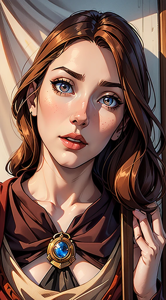 best quality, Artwork, (realisitic: 1.2), 1 girl, Slender girl, russet hair, eyes browns, 正面, face detailed, gorgeous eyes, eyes browns, eyes large, breasts small, necklase, long cloak