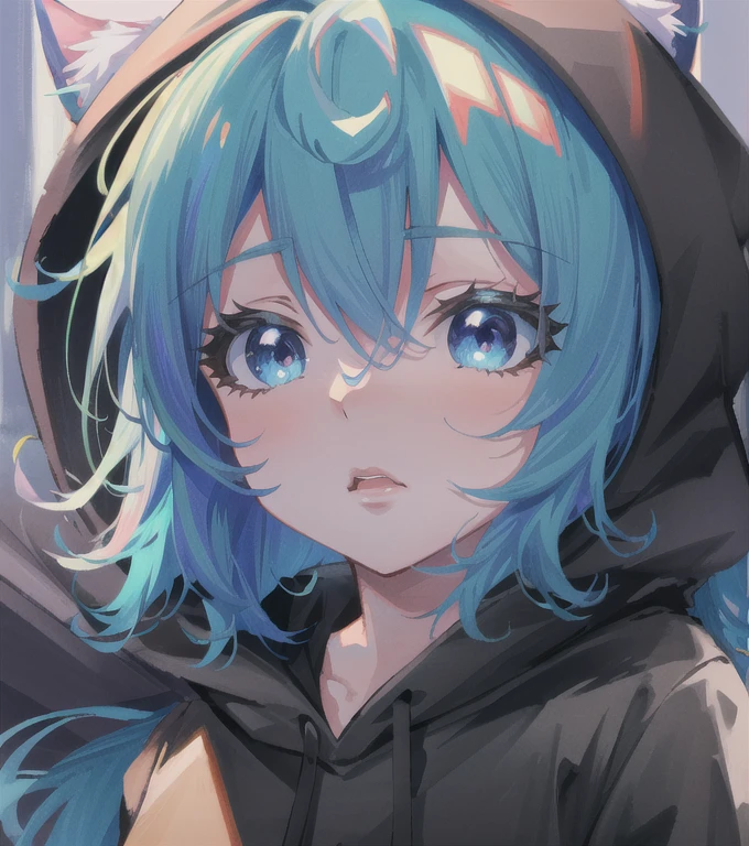 Anime girl with hoodie with blue hair and cat ears, anime moe art style, anime style 4 k, anime style portrait, portrait of cute anime girlbabes, kawaii realistic portrait, Anime style. 8K, portrait of cute anime girlbabes, portrait of anime girl, digital anime illustration, Portrait Anime Girl, Anime girl with cat ears, extremely cute anime girl face