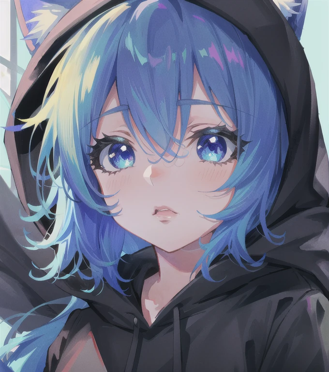 Anime girl with hoodie with blue hair and cat ears, anime moe art style, anime style 4 k, anime style portrait, portrait of cute anime girlbabes, kawaii realistic portrait, Anime style. 8K, portrait of cute anime girlbabes, portrait of anime girl, digital anime illustration, Portrait Anime Girl, Anime girl with cat ears, extremely cute anime girl face