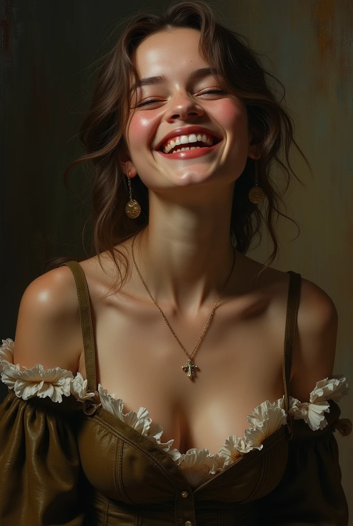 Style by Style Style Crypt Award winner, Spectacular oil painting of a beautiful medieval peasant girl, 15yo, (seductive expression:1.2), erotic espression, an ominous, evil, (Backlight:1.3), Digital Painting, concept art, Smooth, Sharp focus, Three-part method, Dark fantasy,Intricate details, art:Alexis Briclot, Medium Shot, (Shallow depth of field:1.3), grin seductively, She is in sexual climax. erotic, sexy, seductive, moistskin, hyper detailed skin texture,