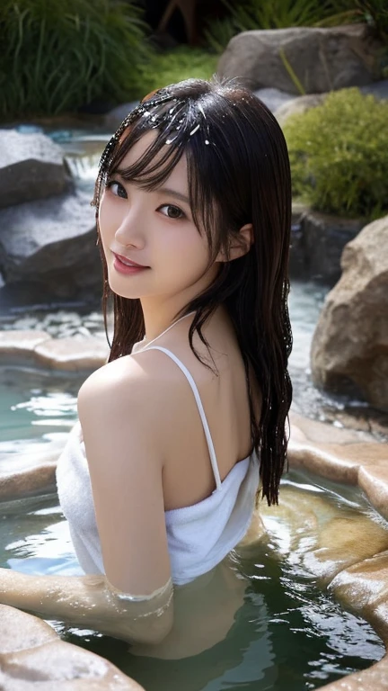 Highest quality、Best image quality、8k、最High resolution、High resolution、Highest quality、masterpiece、Detailed and realistic human body、One beautiful woman、Detailed and realistic skin、Realistic face in every detail、Realistic reproduction of every detail、Beautiful eyes that are realistic in detail、Detailed and realistic lips、Detailed and realistic teeth、Detailed and realistic ears、Detailed and realistic hair、Realistic reproduction of every detail、Realistic fingers in every detail、(Beautiful Hands、thumb1reference4)、Realistic feet down to the last detail、((A beautiful Japanese woman))、(Japanese Model), (Japanese women)、((18 year old beautiful girl))、(Black Hair)、(Random Hairstyles)、((whole body))、((Beautiful upturned breasts))、(Slim Style、Slim fit)、(whole body光沢肌、Fair skin)、、(Soft natural light)、((Deep in the forest(Natural hot springs gush out))、((Hot springs surrounded by rocks))、((deep bathtub(deep hot spring))、((Onsen Girls))、((Enter the hot spring))、((A woman warming herself in a hot spring))、((Soak in a hot spring))、((腰までSoak in a hot spring))、((in hot spring water、Sit with your butt down))、((Sit on your knees in the hot spring))、((Sit on your knees in the hot spring))、((Lying in a hot spring))、((Kneeling in the hot spring))、((Immerse yourself in hot spring water up to your shoulders))、((A lot of steam rises from the hot spring..))、((Extremely clear hot spring water))、((The main body seen from the water surface))Wearing only a thin, small white towel