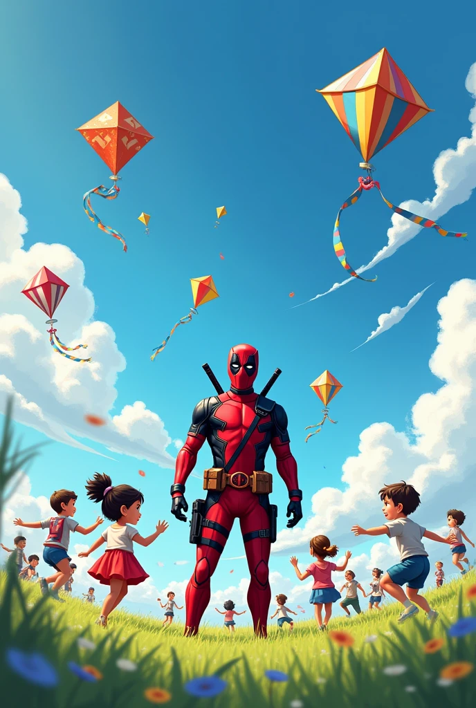 Deadpool in the middle of a kite festival with many children running around chasing after the flown kites in the middle of a pasture with a blue sky and some clouds