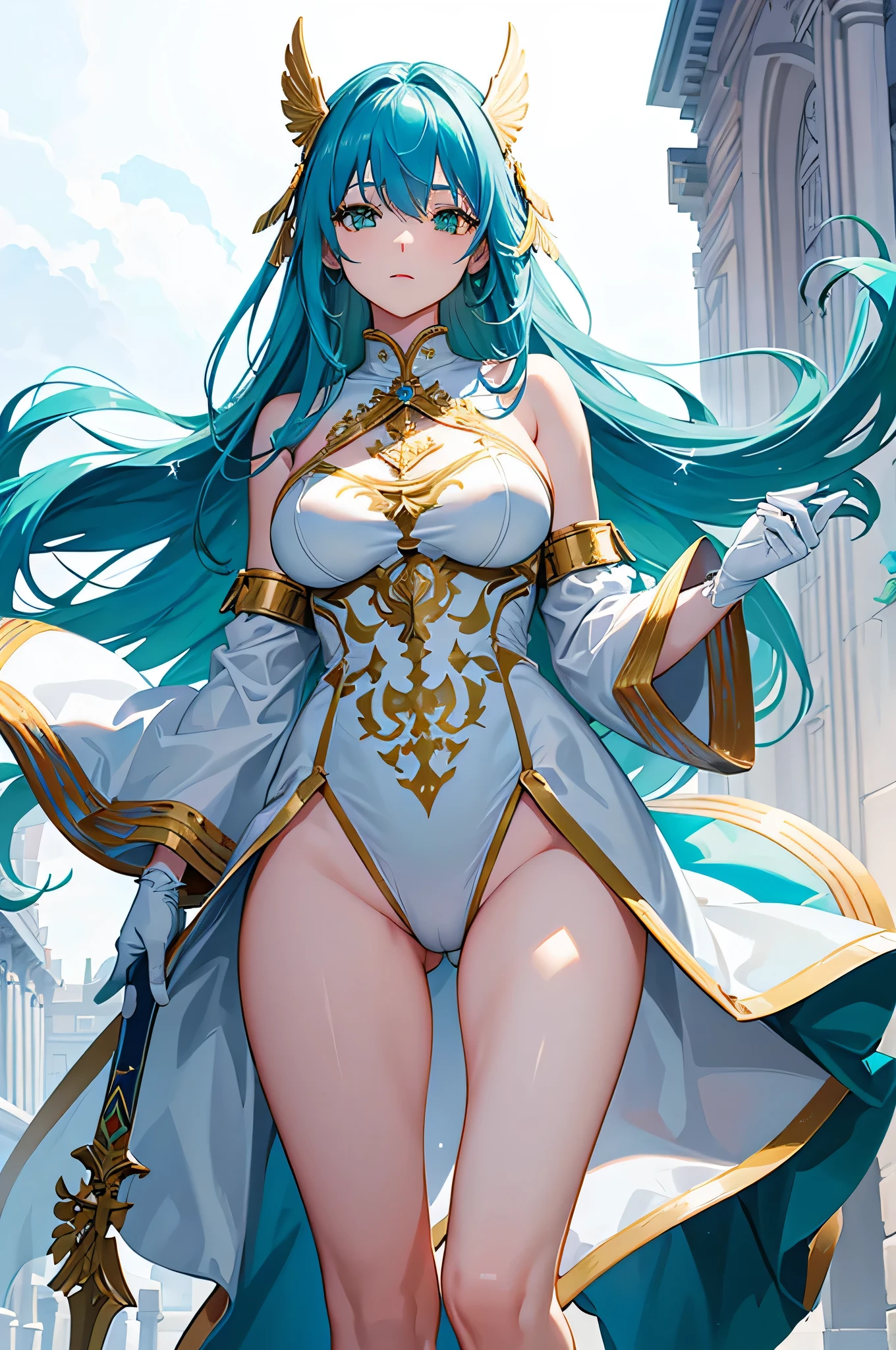 4K,High resolution,One Woman,Blue Hair,long hair,Braid,Green Eyes,Big Breasts,Valkyrie,White sacred high leg leotard armor,White gloves,White shoes,Winged headgear,Jewelry decoration,Gold decoration,Holy Sword,Temple in the Sky