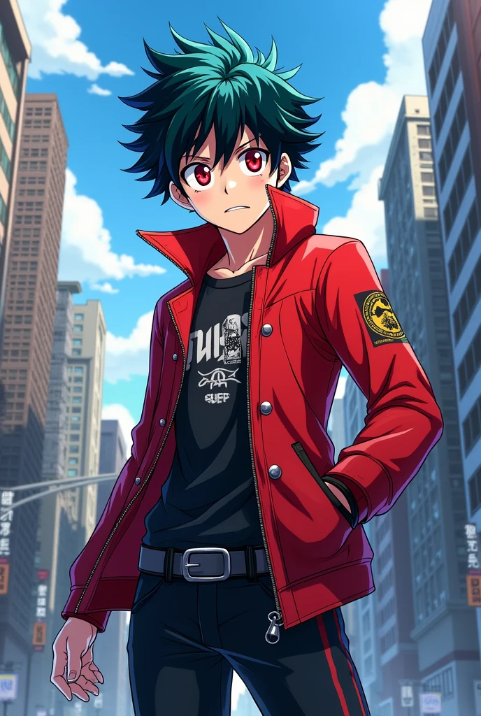 Boku no hero style young man with brunette hair and blue hair and red eyes wearing a red jacket
