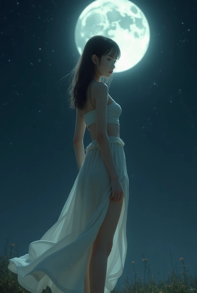 1 girl,skirt,new moon,whole body,, masterpiece,best quality,Super detailed,anatomically correct,((Best quality)), ((Masterpiece)), ((Realistic)),((4K resolution)), UHD ((( hips, breast)))