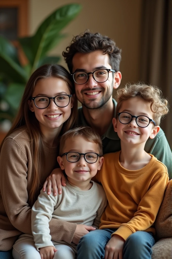 Photo of a young woman with short hair with glasses. And two young boys with glasses.