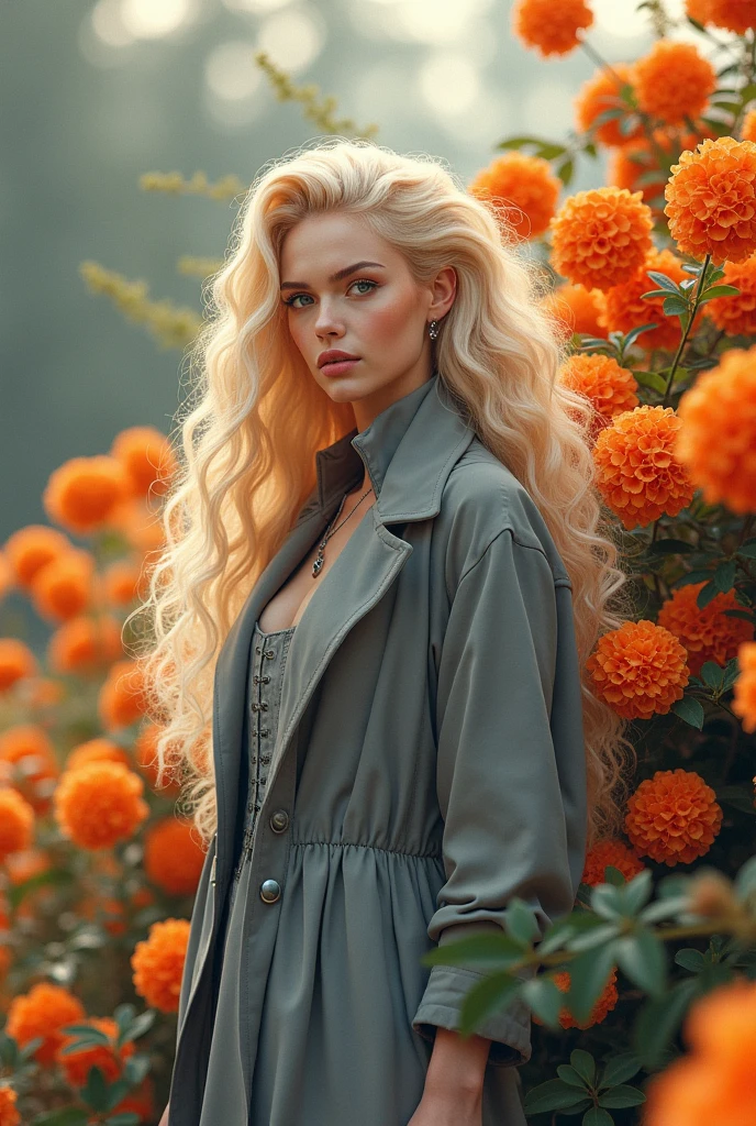 woman standing in front of a bush of orange flowers, beautiful futuristic hairstyle, close-fitting, anime girl cosplay, very, very long blonde curly hair, gray coat with a stand-up collar, Hyper-realistic aesthetics, honeysuckle, Anime Character; full body art, very vascular, Norwegian, conservative, overalls, moon goddess, Tatsumaki, covid-19 as a person