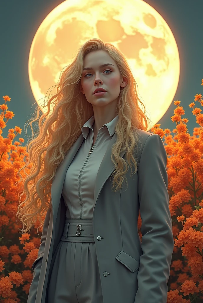 woman standing in front of a bush of orange flowers, beautiful futuristic hairstyle, close-fitting, anime girl cosplay, very, very long blonde curly hair, gray coat with a stand-up collar, Hyper-realistic aesthetics, honeysuckle, Anime Character; full body art, very vascular, Norwegian, conservative, overalls, moon goddess, Tatsumaki, covid-19 as a person