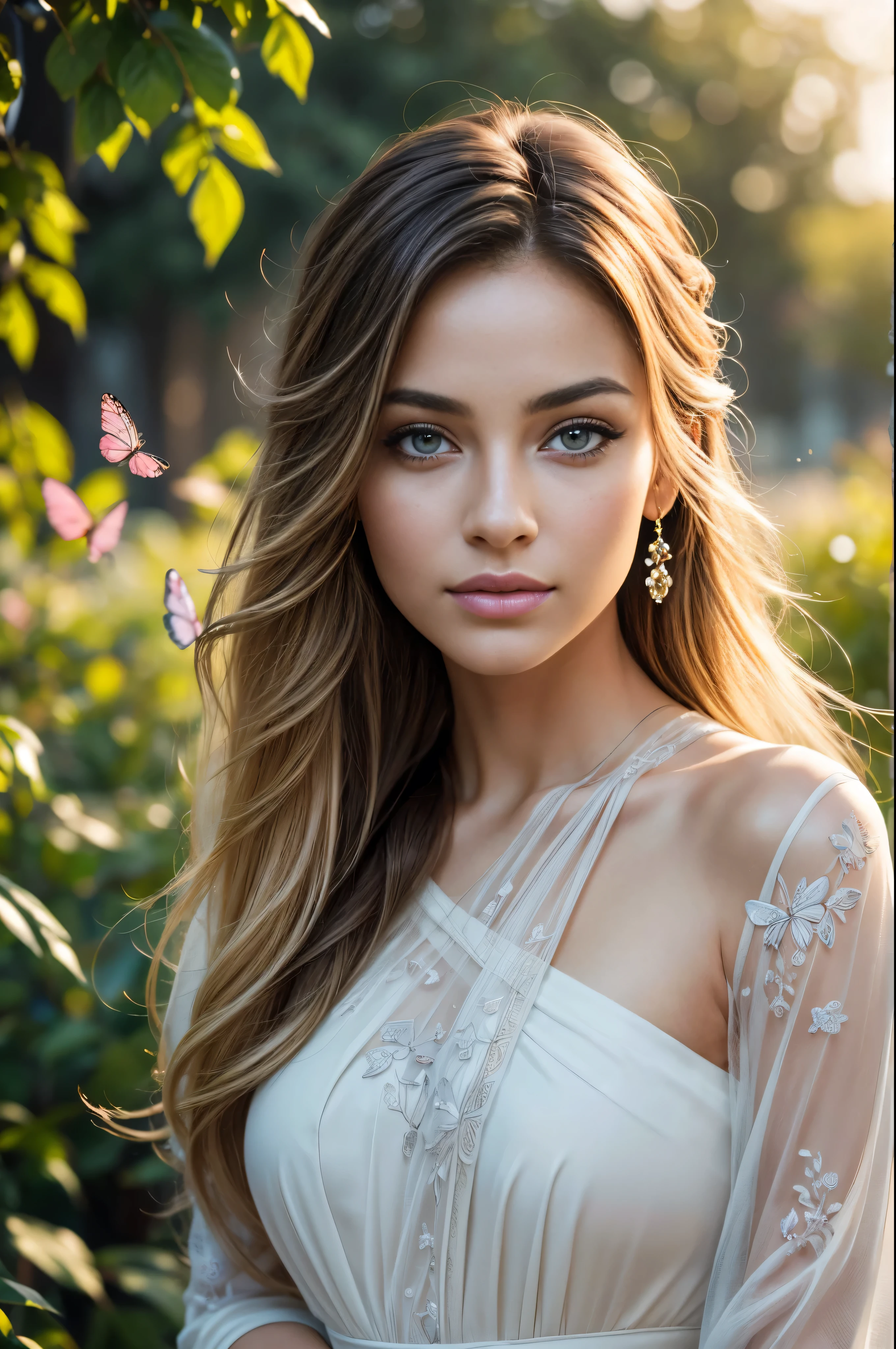 (best qualityer,4K,8k,high resolution,work of art:1.2),ultra detali,(realisitic,photorealisitic,photo-realisitic:1.37),beautiful detailed eyes,beautiful detailed lips,extremely detailed eye and face,long eyelashes,portraits,proffesional,splendid,impeccable,enchanting,marvelous,appealing,mesmerizing,portrait of Amanda,hair loose in the wind,happy grin,glare eyes,shining skin,graceful pose,soft lighting,sunset colors,vibrant atmosphere,fine brushstroke,subtle textures,delicate patterns,realisitic rendering,hight contrast,dynamic composition,emotional depth,Blooming flowers background,Serene garden,lush vegetation,Colorful butterflies,feminine beauty,intense gaze,confident stance,captivating personality,subtle makeup and accessories,stylish outfit,unique hairstyle,peaceful and dreamy environment,touching expression,pensive aura,positive vibes