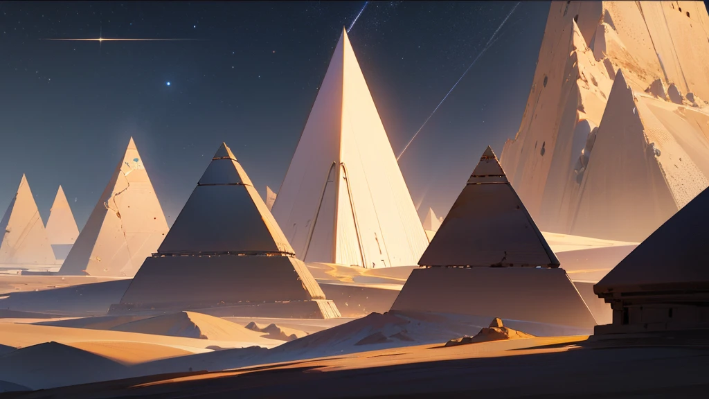 cinematic dramatic futuristic graphite pyramids, detailed desert landscape, night sky, starry, venus planet, cinematic lighting, photorealistic, 8k, high resolution, hyper detailed, intricate details, moody atmosphere