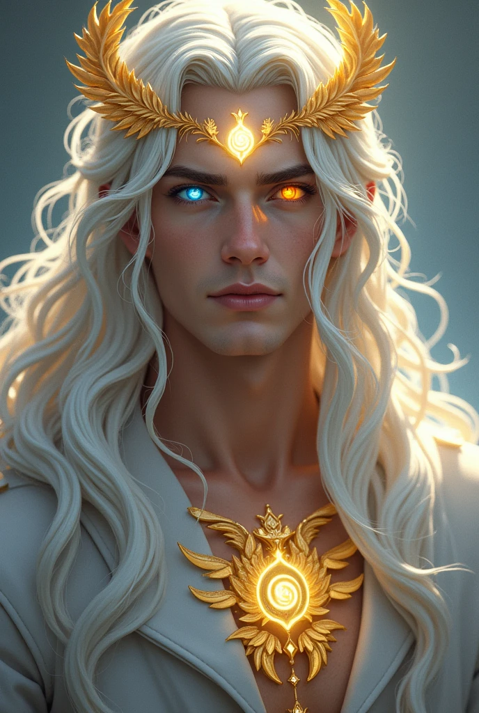 a male whos a god of light that has long, white hair that's half way put up. his right eye golden, and his left eye blue. he also has a light symbol on his forehead and wears two gold laurel headpieces