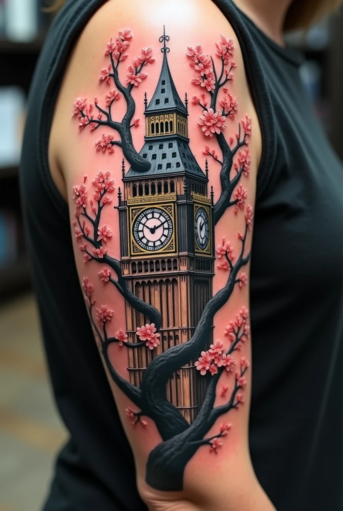 Big Ben tattoo entangled with the high branches of a cherry tree
