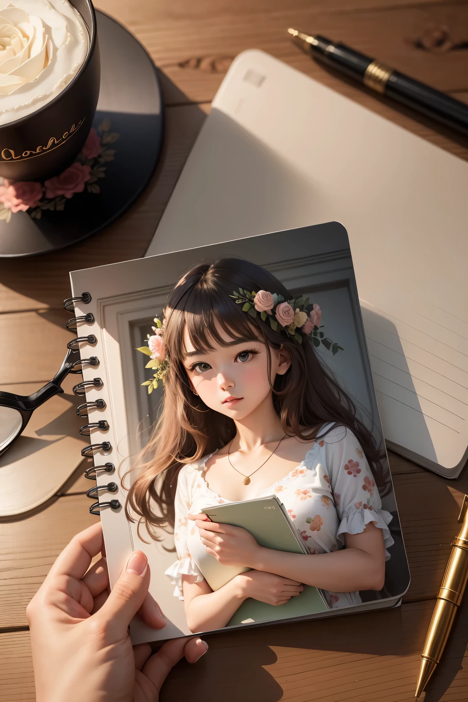 Someone holding a closed notebook prominently on the cover of the notebook that I aspire to on the side floral and feminine cover