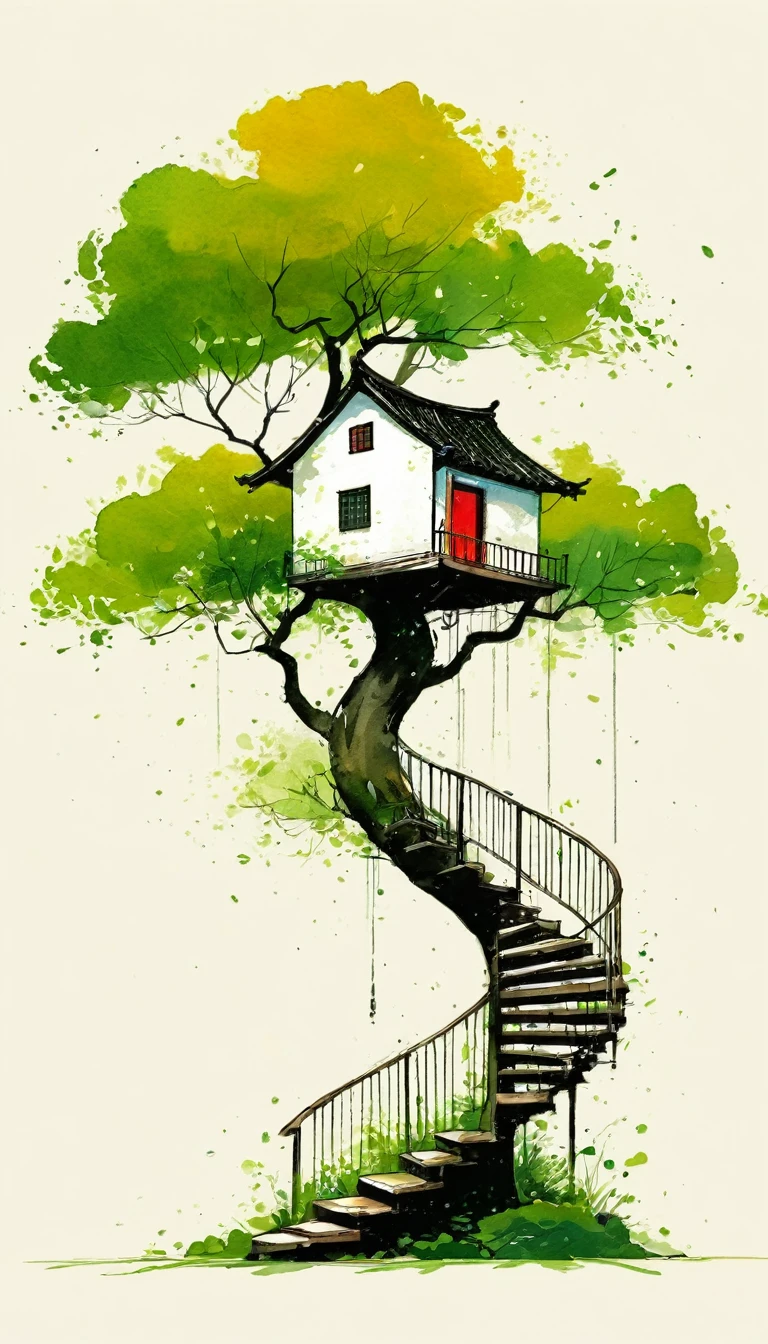 中国水墨画sketch：Light Ink，Lowercase，sketch，artistic conception，The big tree on the stairs，Small house，Minimalism，(((Negative Space,Bottom left composition)))