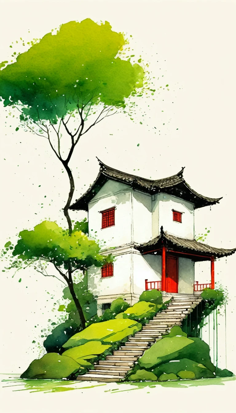 中国水墨画sketch：Light Ink，Lowercase，sketch，artistic conception，The big tree on the stairs，Small house，Minimalism，(((Negative Space,Bottom left composition)))