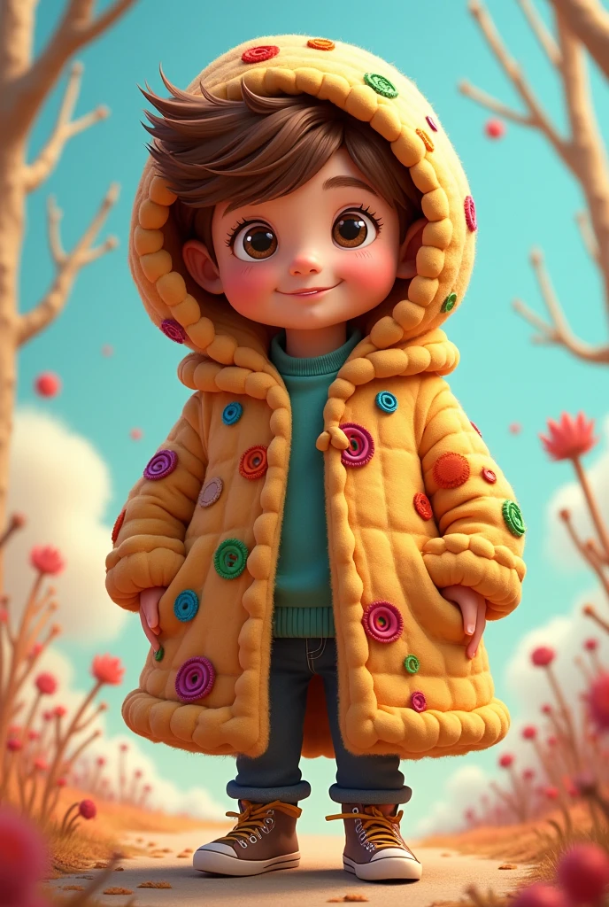 Brown-haired boy with a coat like a cartoon cookie for me to draw